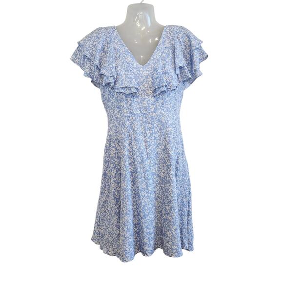 Altar'd State Floral Double V-Neck Flutter Sleeve Mini Dress Blue Size Medium - Picture 1 of 11